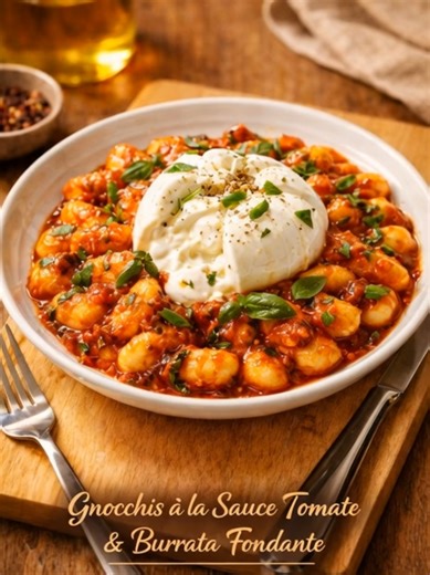 #foodie #foodlovers #recette #foodtok #cheese 🍅 Gnocchis à la Sauce Tomate & Burrata Fondante ⏱️ Temps de préparation: Préparation : 10 minutes Cuisson : 15 minutes Temps total : 25 minutes 🧺 Ingrédients (pour 2 personnes) 400 g de gnocchis 300 g de sauce tomate (maison ou de qualité) 1 burrata (120–150 g) 1 c. à soupe d’huile d’olive 1 gousse d’ail (optionnel) Sel & poivre Quelques feuilles de basilic frais ou persil Parmesan râpé (optionnel) 🔥 Calories (approximation) ➡️ ≈ 170 kcal pour 100