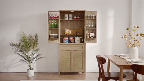 SICOTAS Rattan Pantry Cabinet for Kitchen - 72" Tall Storage Organizer Cabinet with 6 Door Shelves & Drawer, 2 Pieces Large Boho Cupboard with Adjustable Shelves for Living Room, Dining Room
