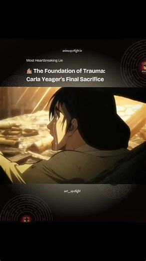 Attack on Titan Spotlight on Instagram: "🏚️ The Foundation of Trauma: Carla Yeager’s Final Sacrifice : The Most Heartbreaking Lie: Carla Yeager’s Final Words and the Birth of a Monster ): She told them to run to save their lives, but her heart begged them to stay. The tragic truth of Carla Yeager’s final breath. 💔 ): The death of Carla Yeager is a masterclass in emotional storytelling. Trapped under the rubble of her own home, she uses her final moments to scream at Hannes to take Eren and Mik
