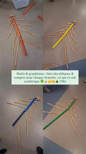 Thel Ma on Instagram: "Sapins 🎄🎄🎄 : Maths et graphismes ! (Ms) J'ai demandé aux ms en salle de motricité de faire des sapins 🎄🎄🎄avec des tiges colorées et des kaplas 'penchés'/obliques...sans plus de consignes Du coup chacun a fait son (tout petit) sapin et était très content 😳🤔🤨😳 Alors j'ai corsé les choses en demandant de faire de grandes branches (penchées!) en allant de plus en plus grand : 1 puis 2 puis 3 ...kaplas et de part et d'autre du tronc. Ils ont adoré ce petit challenge,
