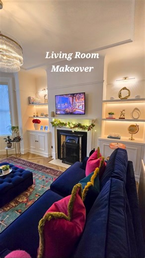 𝐒𝐇𝐘𝐍𝐄𝐒 𝐃𝐄𝐒𝐈𝐆𝐍 - Sarah O'Neill - Interiors & Upholstery on Instagram: "✨️ Living Room Makeover ✨️ The brief was navy and hot pink, an unusual request for a living room, but a challenge I was excited to take on. The client adores pink and is allergic to anything beige, so I introduced the hot pink through accents, to bring in that vibrancy she wanted, without veering into 'Barbie's Dream House' territory! Warm teal was then layered in through the rug and cushions, to soften the contras
