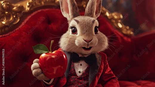 Anthropomorphic rabbit in tuxedo holding apple on ornate red sofa - hd and 4k