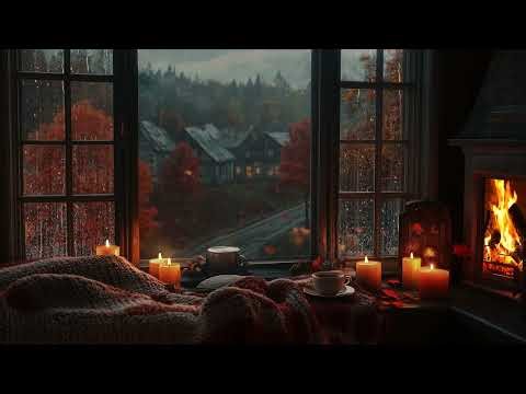 Calming Autumn Rain Sounds 🍂🌧️ Window Drizzle and Fireplace Ambience for Sleep and Stress Relief