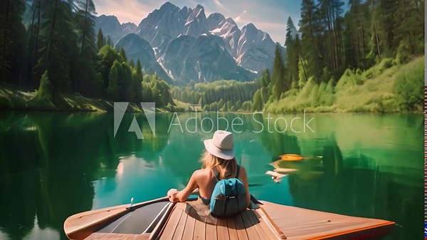 Young woman paddling a kayak on the lake of Braies, Dolomites, Italy, Beautiful woman kayaking on a beautiful mountain lake with green trees, AI Generated
