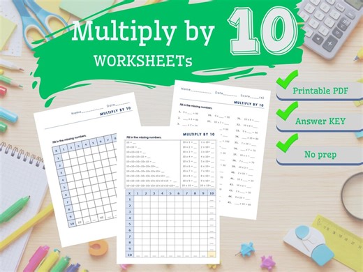 Multiply by 10 Worksheets | Multiplication Practice | Grade 2–4 | Math Printable PDF | Answer Key - Etsy