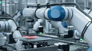 Robotic Arms Efficiently Assemble Electronic Components on a Factory Conveyor, Working with Advanced Automation in Electronics Manufacturing. Technological Microelectronics Fabrication Industry