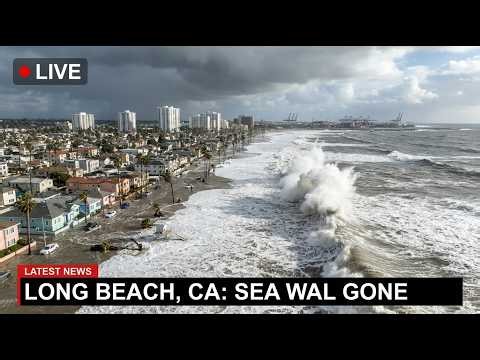 California Flooding!🌊 Waves Wipe Out Long Beach's 8-Foot Sand Wall, Water Hits the Streets, USA