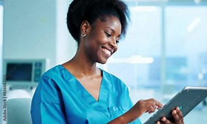 Nurse, woman and tablet for hospital services, healthcare charts and clinic information with happy results or progress. Face of african doctor with digital technology, medical research or telehealth