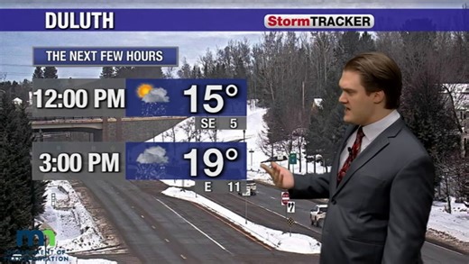 Light snow making its way into northern Minnesota, with heavier bands in the afternoon