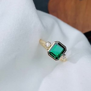 Emerald Engagement Ring 14k Solid Yellow Gold Vintage Lab Emerald Ring for Woman Green Gemstone Anniversary Ring Three Stone Dainty Ring - Etsy