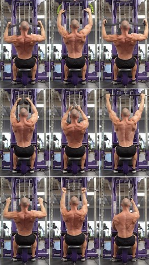Alex Lueth | #1 Natural Online Coach on Instagram: "Lat pulldown variations Different grips can emphasize different regions of the back Shoulder adduction (lats and teres major) bring arms down to the side - #1, 2, 3, entire top row - #6, middle right - #7, bottom left Shoulder extension (lats), elbows behind body - v grip (neutral grip), #4 & 5, middle left & right - #9, bottom right Supinated (palms up) grip, greater bicep contribution - #8, bottom middle Unilateral - #9, bottom right Variatio