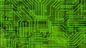 Lime green Computer chip with connections and signals. AI Computer processor background. Mother board circuit pattern background