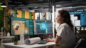 Real estate developer uses advanced AI and neural network technology for interior design and building layout, structural analysis and site preparation. Innovation and deep learning. Camera A.