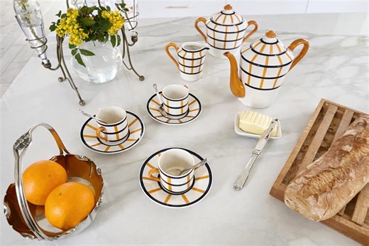 Rare French Basque Coffee Set "bearn Hbcm" - Vintage Farmhouse Decor, Rustic Chic Kitchen, Striped Ceramic Tea Set - Etsy