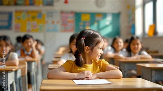 Young schoolgirl studying at classroom desk with classmates in bright learning environment showing childhood education focus and academic engagement