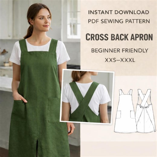 Japanese Style Cross Back Apron | Beginner Pinafore Apron Pattern With Pockets | Instant Download - PDF Sewing Pattern - Etsy Australia