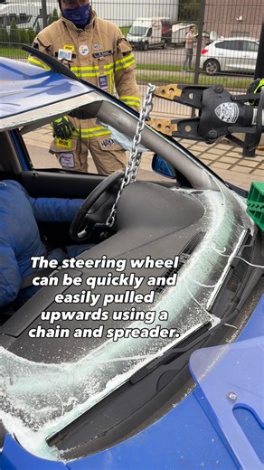 Rescue Team LX on Instagram: "The steering wheel can be quickly and easily pulled upwards using a chain and spreader. @weberrescue @eskagloves_onfire"