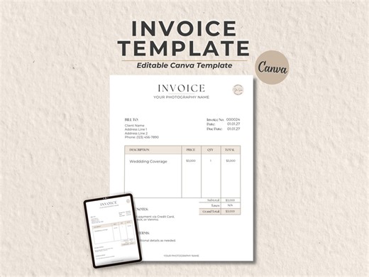 Photography Invoice Template, Photographer Invoice, Editable Canva Invoice, Invoice Form, Digital Invoice, Modern Business Invoice - Etsy