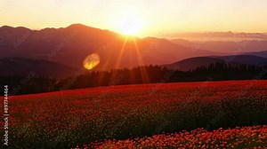 A bright sunrise over a field of blooming flowers with mountains in the distance. timelapse