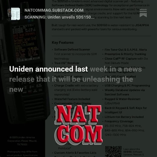 🚨 Introducing the game-changing #Uniden SDS150 handheld #scanner! Elevating the legacy of the SDS100, this powerhouse comes packed with features like #GPS and #Bluetooth. Dive into all the details for FREE with America’s #HobbyRadio Magazine at NatComMag.com. | National Communications Magazine