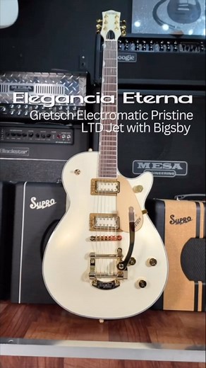 Gretsch Electromatic Pristine LTD Jet with Bigsby - White Gold PRECIO: $749 Clean, elegant and powerful, our Limited Edition Electromatic Pristine Jet guitars deliver uncompromising Gretsch power and fidelity in stunning style. Two-tone finishes with metallic tops and rich stained bodies and necks, gold hardware and FT-5E Filter’Tron pickups with cream inserts present a sleek, simple opulence that is sure to turn heads. FEATURES: 👉🏽Chambered mahogany body with maple top for a strong sonic prof
