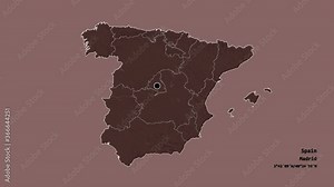 Comunidad Valenciana, autonomous community of Spain, with its capital, localized, outlined and zoomed with informative overlays on a administrative map in the Stereographic projection. Animation 3D