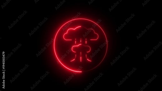 Atomic bomb icon, Symbol of nuclear war, end of world. Neon atom animation on a black background.