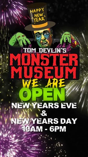 Tom Devlin's Monster Museum on Instagram: "WE ARE OPEN NEW YEARS EVE AND NEW YEARS DAY!!! Start the New Year right and with a fright with your favorite movie monsters at Tom Devlin’s Monster Museum!!! Open 10am to 6pm #tomdevlinsmonstermuseum #bouldercity #roadsideattraction #newyears #newyearseve"