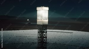 Cinematic close up tall solar tower with huge mirror panel accumulating sun beams at sunset and reflecting it from shiny surface on solar farm fields with hundreds of solar panels on motion background