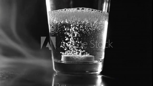 Effervescent tablet dissolving in water, creating bubbles and a fizzy reaction against a black background