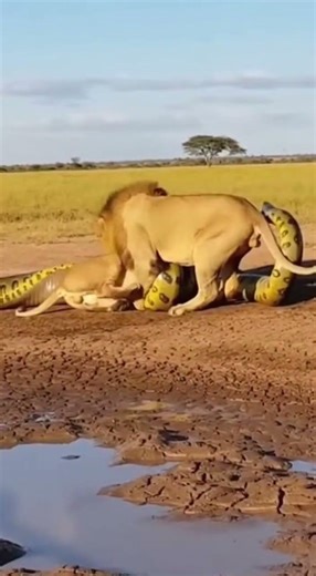 A jaguar is attacked by a giant anaconda… but a lion appears to save it! 😱🐍🦁