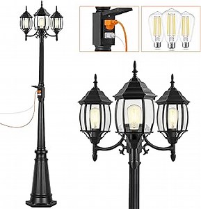 PARTPHONER Outdoor Lamp Post Light with GFCI Outlet, 3-Head Classic Black Light Pole with Glass Panels (3 LED Bulbs Included), Aluminum Waterproof Outside Street Light for Backyard Garden Driveway