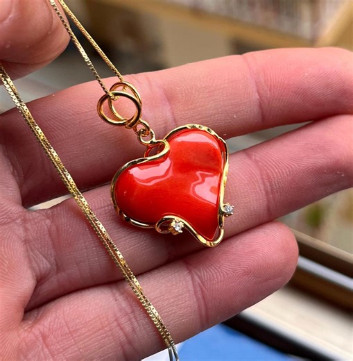 Large Italian Red Coral Heart Necklace 25mm – 18K Gold Vermeil 925 Silver, Sparkling Crystals, Gift for Her, Made in Italy - Etsy
