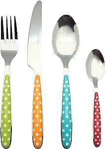 EXZACT Cutlery Set 24pcs Polka Dot Mixed Colours, Stainless Steel with Color Handles - 6 Forks, 6 Dinner Knives, 6 Dinner Spoons, 6 Teaspoons EX07 (Mixed Colour x 24)