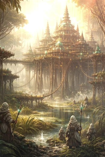 This city was never meant to touch the ground. Codex Entry: Acriid is recorded as a permanent settlement constructed above corrosive marshland rendered uninhabitable by sustained alchemical saturation. The Codex details a vast stilt city supported by Tormundian timber pylons, elevating all habitation structures approximately forty feet above acidic swamp waters. Bioluminescent cyan traces are noted throughout walkways, bridges, and lift mechanisms, functioning as stabilising markers and chemical