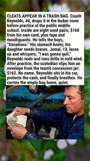 CLEATS APPEAR IN A TRASH BAG. Coach Reynolds, 44, drops it in the locker room before practice