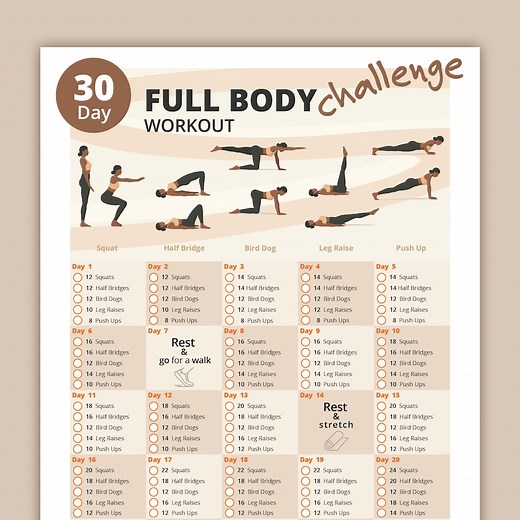 30 Day Full Body Workout Challenge | Strengthen Legs, Arms & Core | Printable Home Fitness Program for Women - Etsy