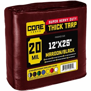 Core Tarps 20 Mil Heavy Duty Tarp Tarpaulin Waterproof Cover, Maroon/Black 12' x 25'
