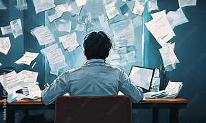 Overwhelmed man at desk with flying papers illustration cartoon with ai generated.