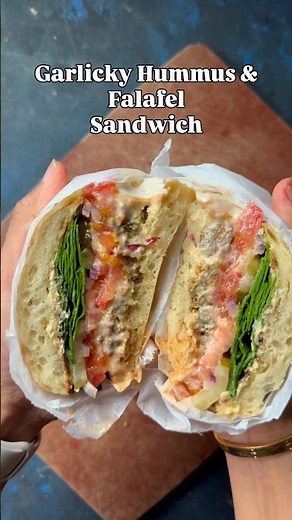 Garlicky hummus falafel sandwich