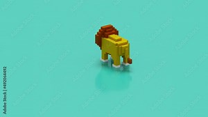 Footage of 3D Rendering Lion with orange, brown, black and blue color scheme. Also using voxel art style. Modern, abstract and very cute animal footage