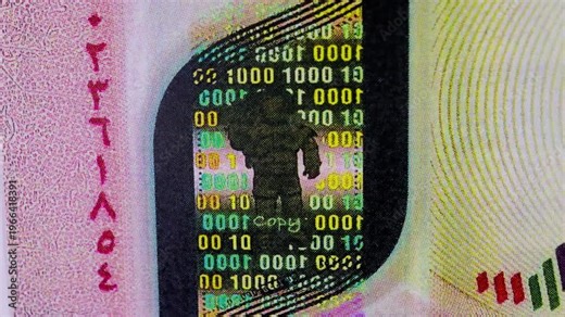 Fast-paced stop motion montage of a 1,000 UAE Dirham polymer banknote. Extreme macro photography highlighting Sheikh Zayed, space motifs, security features, and Middle Eastern finance.