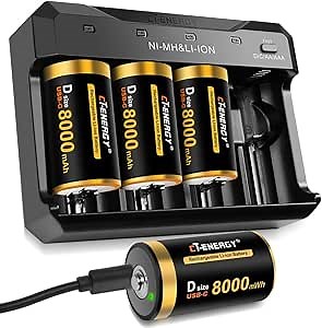 4 Bay AA AAA C D Battery Charger with Rechargeable D Cells Batteries 4 Counts,USB 1.5V LR20 Lithium D Size Rechargeable Batteries 8000mWh,Quick Charger for Lithium Ni-mh Ni-cd