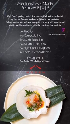 Darryle Jones on Instagram: "Valentine’s Day reservations are live. We will be offering our Valentine’s Day experience from Friday through Sunday. Enjoy a curated combination of the best that we have to offer, with exquisite wine and sake pairings available. Reservation link is in my bio, and on OpenTable. #modanrestaurant #dmvfoodie #dmveats #novafoodie #novaeats #tysonscorner #liveheming"