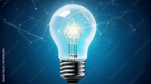 A light bulb is lit up in a blue background. The light bulb is the main focus of the image