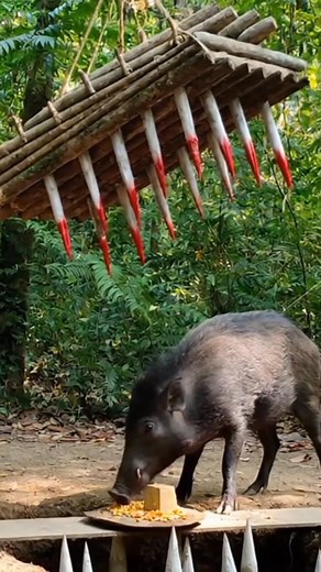 2.2K views · 11 reactions | A suspenseful scene unfolds as a wild pig feeds peacefully beneath a massive wooden death trap armed with red-tipped spikes. The forest holds its breath — one wrong move will trigger a deadly fall. A gripping portrayal of danger and instinct in nature’s arena. #SurvivalInstinct #NatureDrama #ForestTension | Sun Bora Survival | Facebook
