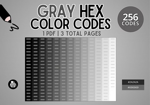256 Hex Codes: Gray Shades Chart for Branding, Web and Graphic Design | Printable Color Palette Samples, Color Swatch for Artists & Students - Etsy