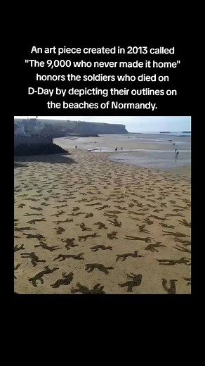 Revived History on Instagram: "The 9000 who never made it home, 1944 This is an art piece dedicated to those who died on D-day. It was designed by Andy Moss and Jamie Wardley. It was created with the help of volunteers. It shows outlines of dead soldiers who died both attacking and defending the beaches of Normandy. The art piece was made in 2013. D-day is one of the most infamous land invasions of all time. It consisted of American, British, Canadian, and other allied troops attacking the heavi