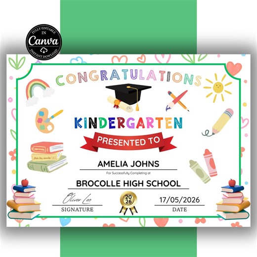 Kindergarten Graduation Certificate Template: Printable Preschool Diploma Award (editable Canva Download) - Etsy