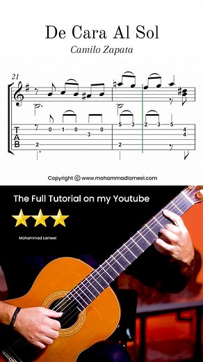 De Cara al Sol by Camilo Zapata Arranged by Mohammad Lameei 🎥 Full tutorial Sheet & Tab on YouTube → https://youtube.com/@mohammadlameei 📄 Get all my tabs & sheets: https://mymusicfive.com/mohammadlameei 💖 Support my work & get exclusive rewards: https://www.patreon.com/MohammadLameei 🎵 Stream my albums on Spotify, Apple Music & YouTube Music — just search Mohammad Lameei #classicalguitar #fingerstyle #guitarstudy #guitartabs #guitartutorial #mohammadlameei #guitarreels #guitarcover #freeshe